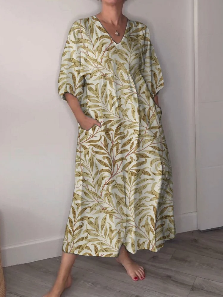 Spring Bough Repeat Pattern Printed Women's Pocket V-Neck Cotton Dress