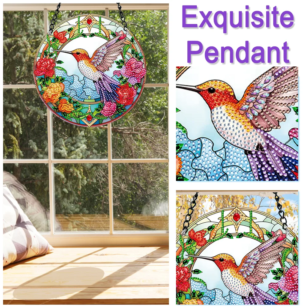 DIY Hummingbird Single-Side Acrylic Diamond Painting Art Pendant for Kid DIY Craft