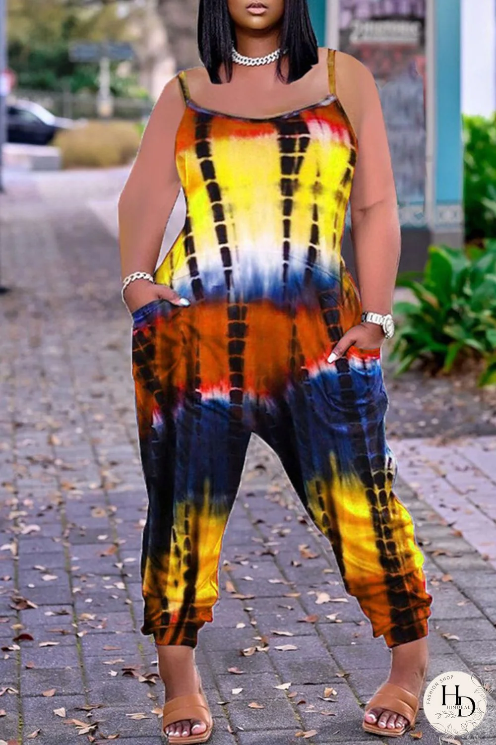 Red Fashion Casual Tie Dye Printing Spaghetti Strap Regular Jumpsuits