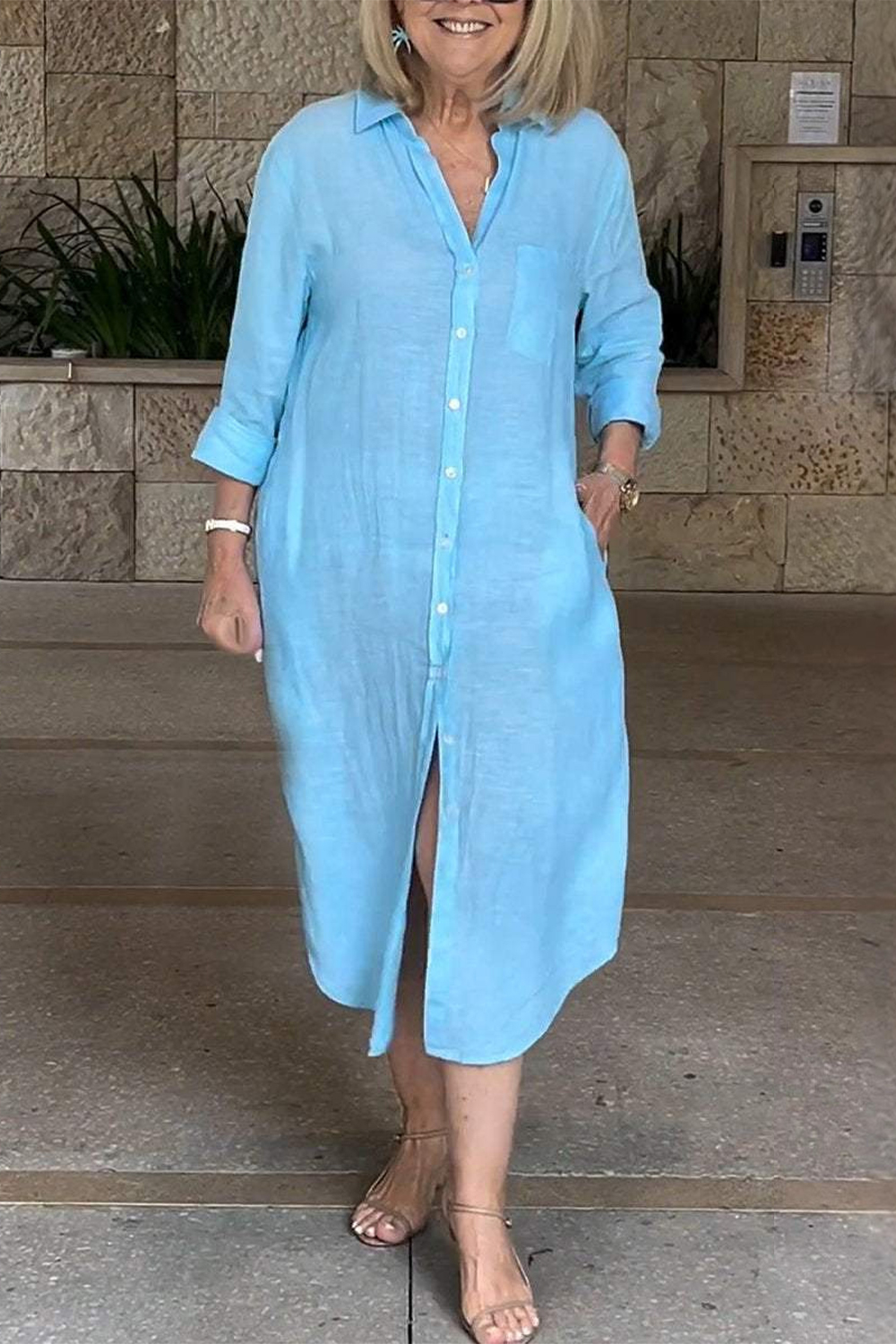 Plus Size Casual Sky Blue Cotton And Linen Button Pocket 3/4 Sleeve Shirt Midi Dress 2024 - Flycurvy 