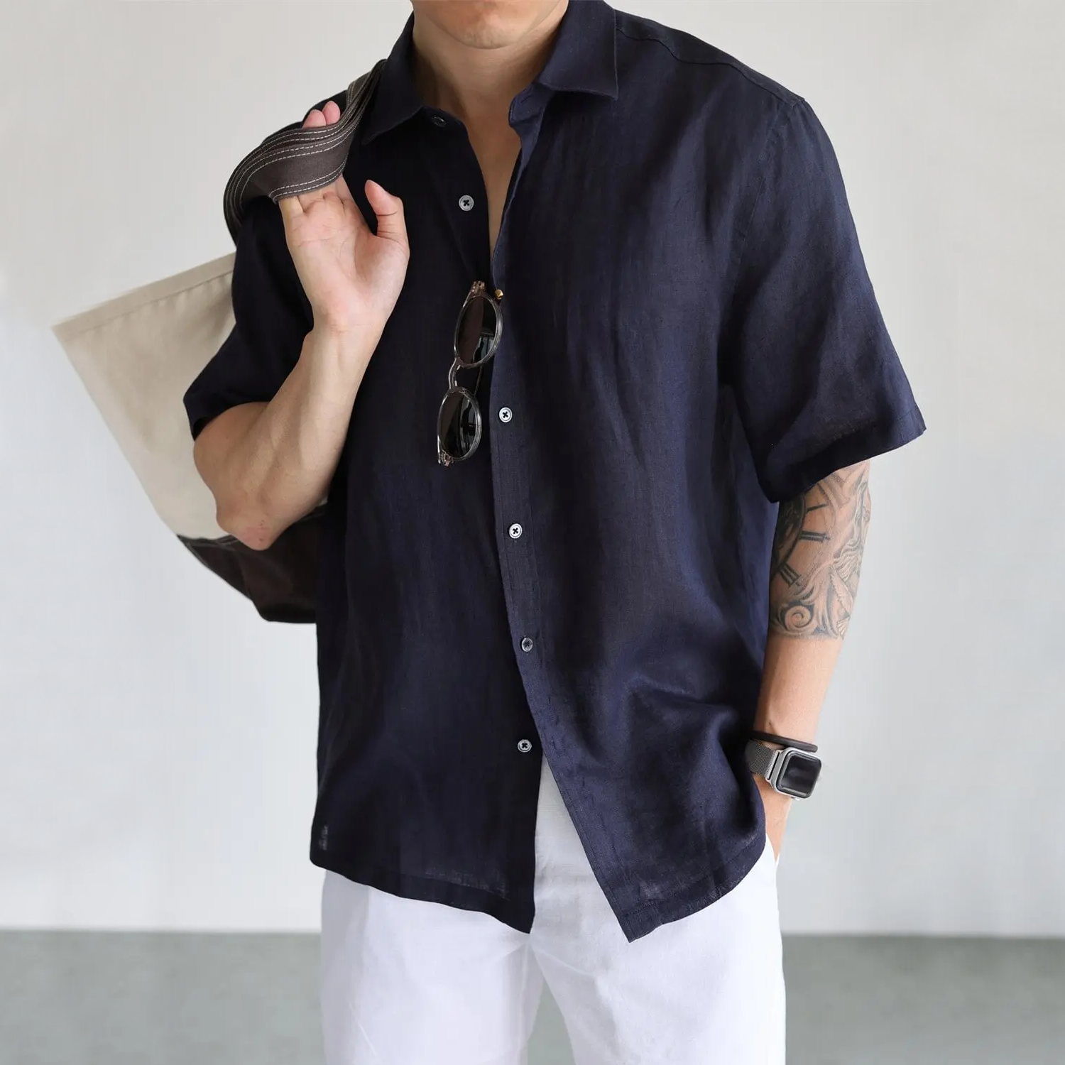 100% European Linen Short Sleeve Shirt for Men REAL SILK LIFE