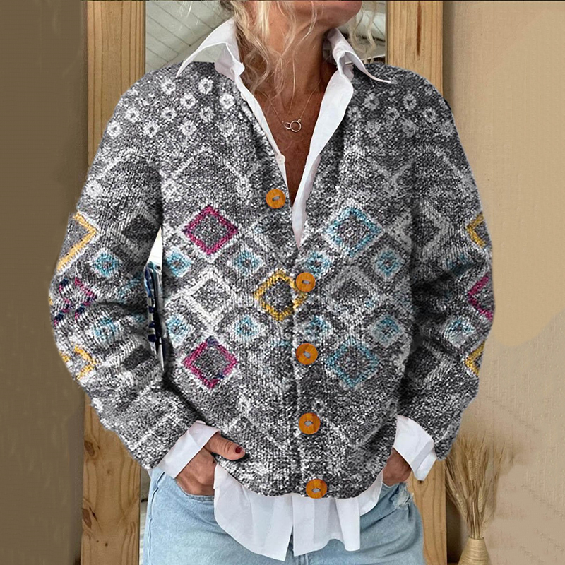 Comstylish Icelandic Ethnic Geometric Print Knitted Cardigan