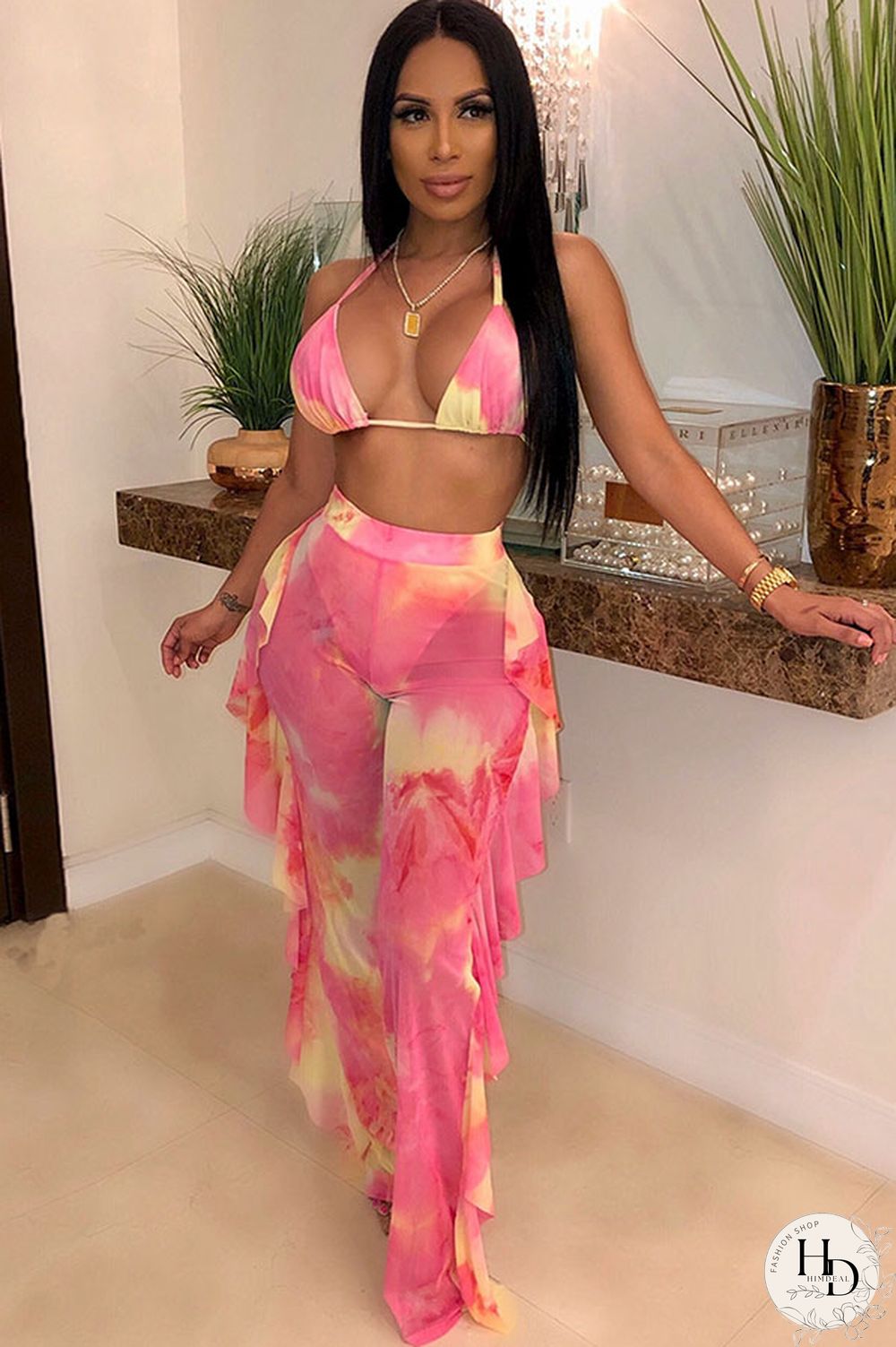 Army Green Sexy Fashion Stringy selvedge Print Tie Dye Patchwork Loose Sleeveless