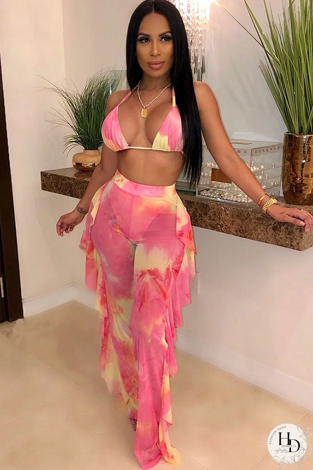 Army Green Sexy Fashion Stringy selvedge Print Tie Dye Patchwork Loose Sleeveless