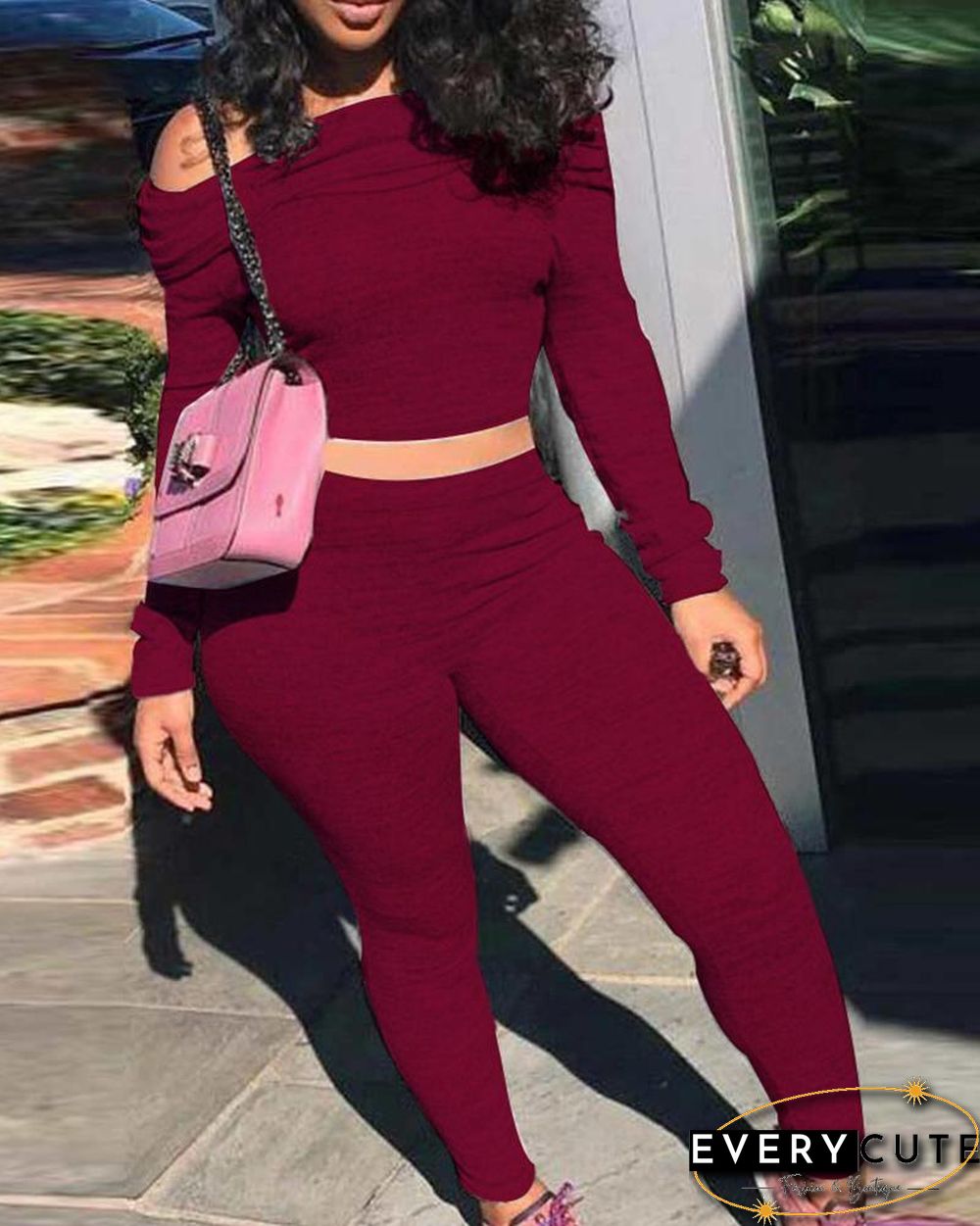 Off Shoulder Long Sleeve Crop Top & Skinny Pants Set P13624