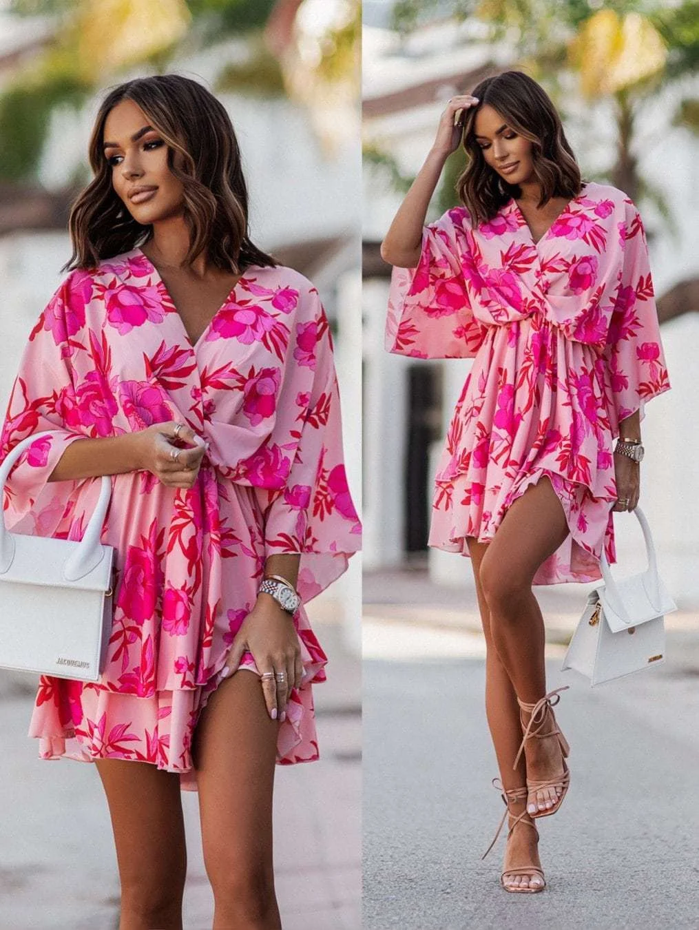 Brownm Fashionable Mid Skirt Printed Wave Sleeve Dress