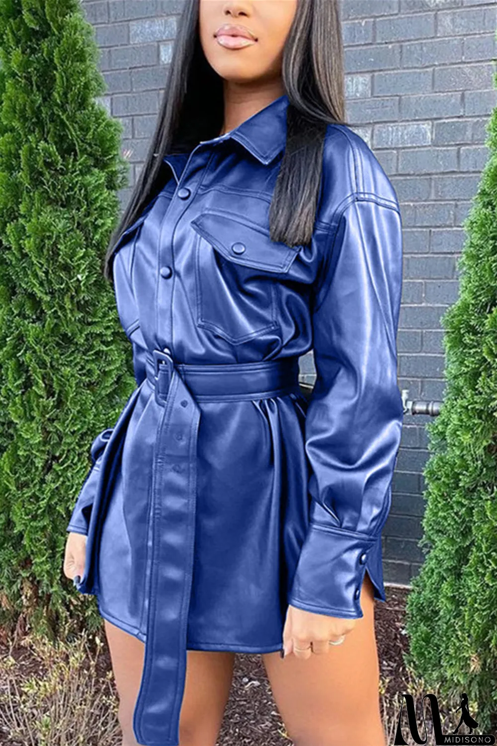 MidiSono - Blue Fashion Casual Solid With Belt Turndown Collar Outerwear