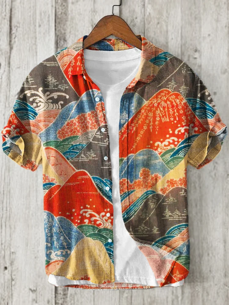Mountains Landscape Japanese Pattern Linen Blend Shirt