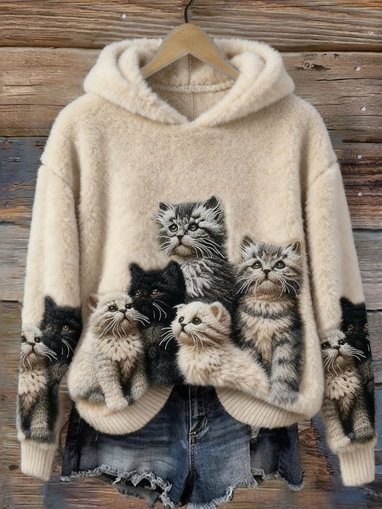 Lovely Fuzzy Cats Art Cozy Plush Hoodie wearshes