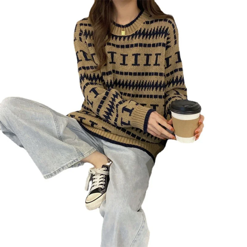 Toloer Toloer Autumn And Winter New Korean Personality Pullover Sweater Female Jacquard Loose Retro Wind Round Collar Long Sleeve Knit Female-Outfit Ideas
