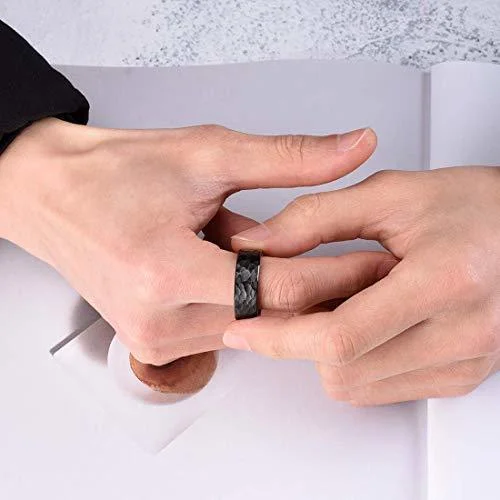 8MM Women's Or Men's Black Hammered Finish Tungsten Carbide Wedding Rings with Inside Wood Inlay