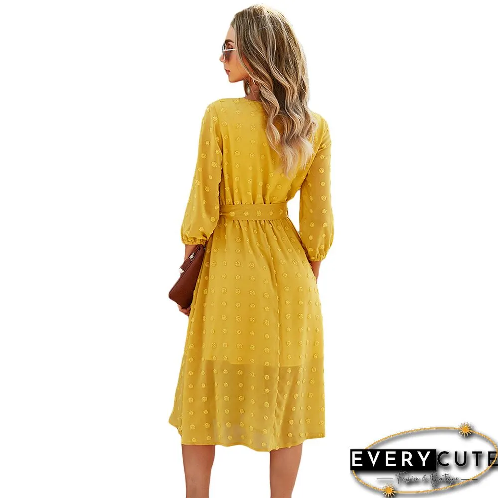 Yellow 1/2 Sleeve Button Down V Neck Casual Dress