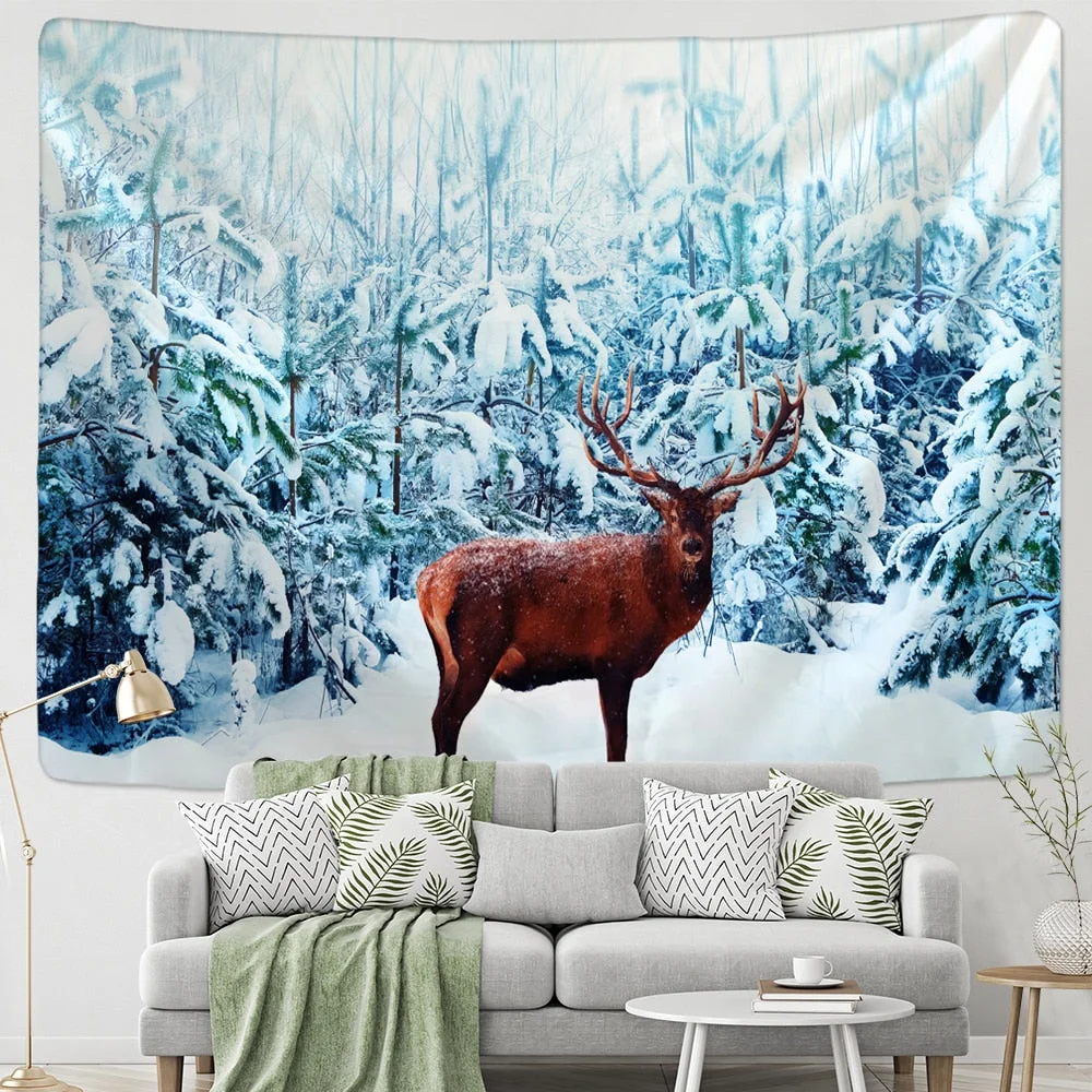 Xmas Tapestry Home Wall Hanging Polyester Reindeer In The Snow Animal Landscape Natural Forest Printed Large Wall Tapestry