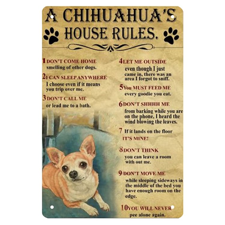 Chihuahua House Rules - Vintage Tin Signs/Wooden Signs - 7.9x11.8in & 11.8x15.7in