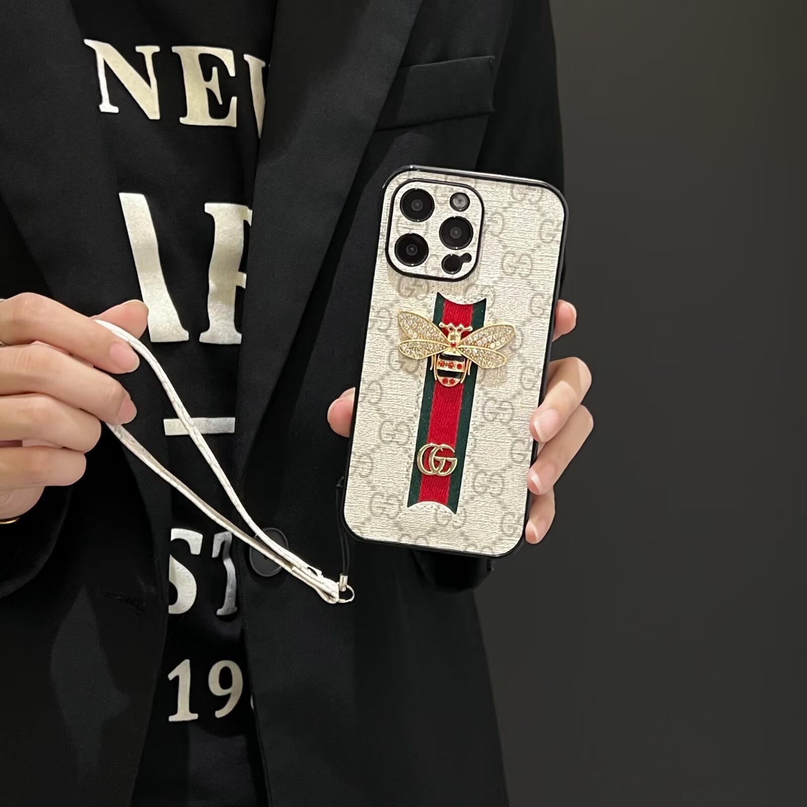 Gucci Bee Diamond Ophidia GG Leather New Apple iPhone Case