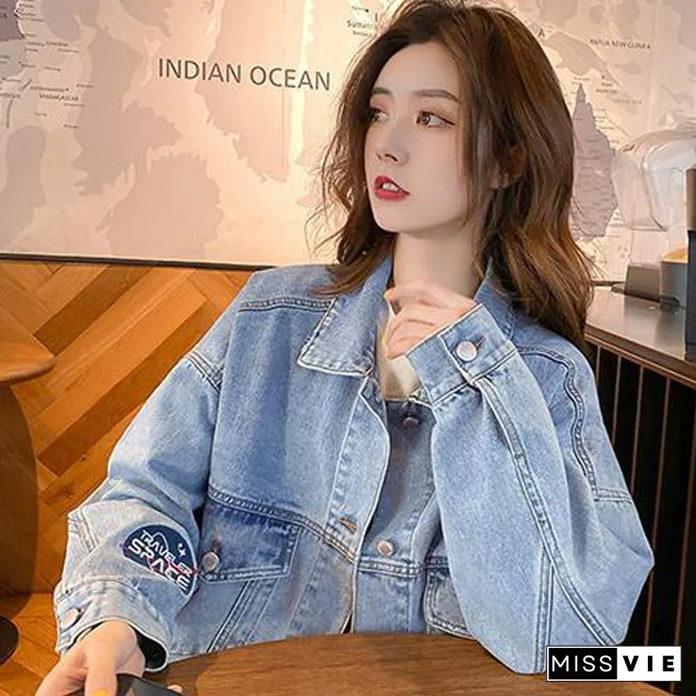 Autumn Cotton Denim Jacket Women Loose Casual Jeans Coats Patchwork Lady Outwear Korean