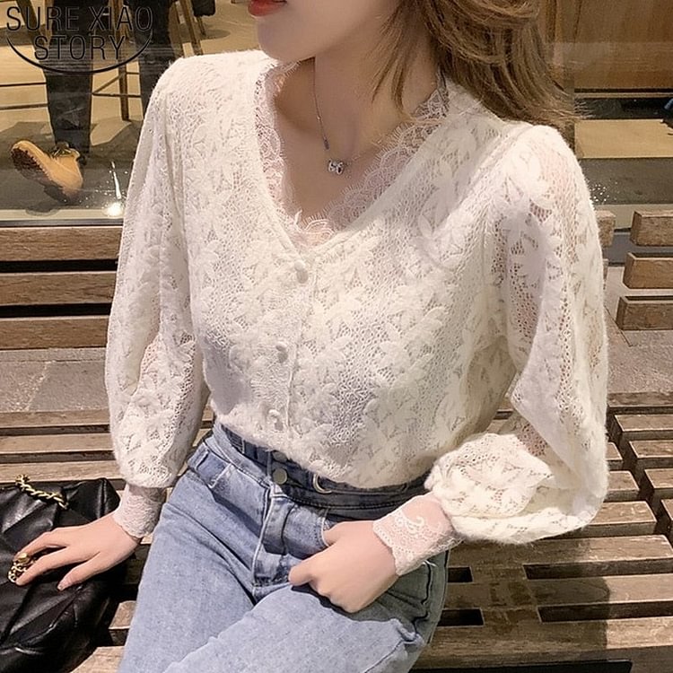 White Lace Blouse Bottoming Shirt Spring and Autumn M-4XL Casual Clothing for Women Fashion Temperament Women Tops 13356