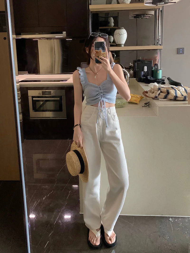 Uveng Uveng Rope Sling Sling Slings Small Vest Women's Summer 2023 New Fashion Umbilical Wrinkles Wearing Sleeveless Top