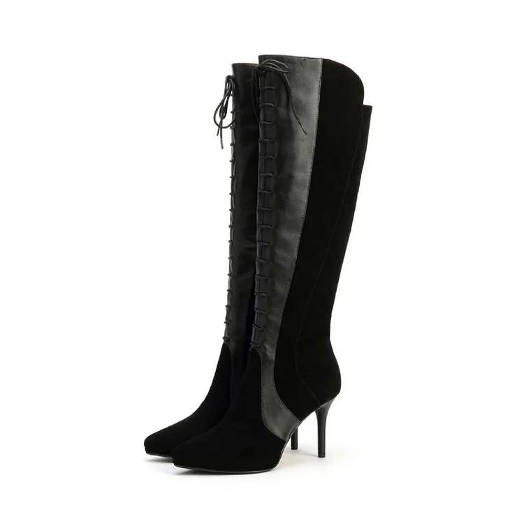 Black Vegan Suede and Silver Stiletto Heel Lace Up Boots |FSJ Shoes