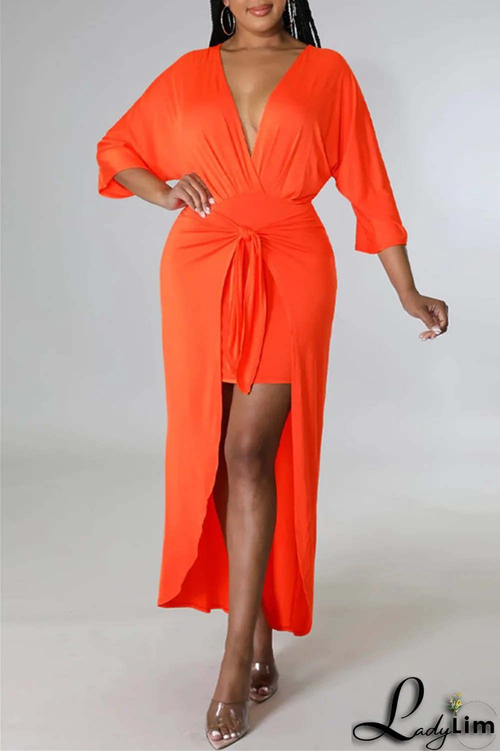 Burgundy Fashion Casual Solid Patchwork V Neck Irregular Dress