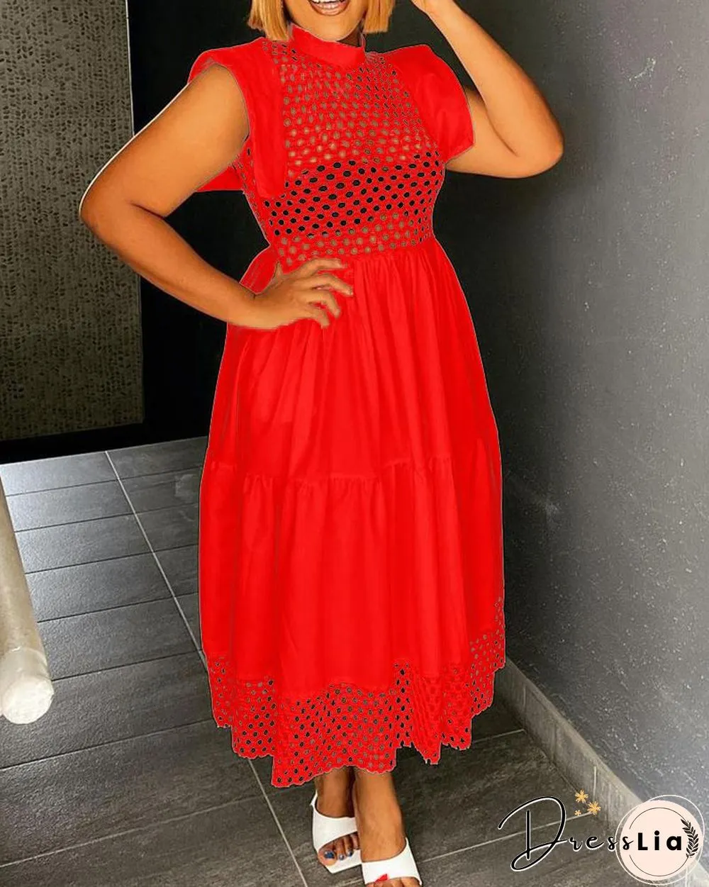 Plus Size Hollow Out Ruched Casual Maxi Dress