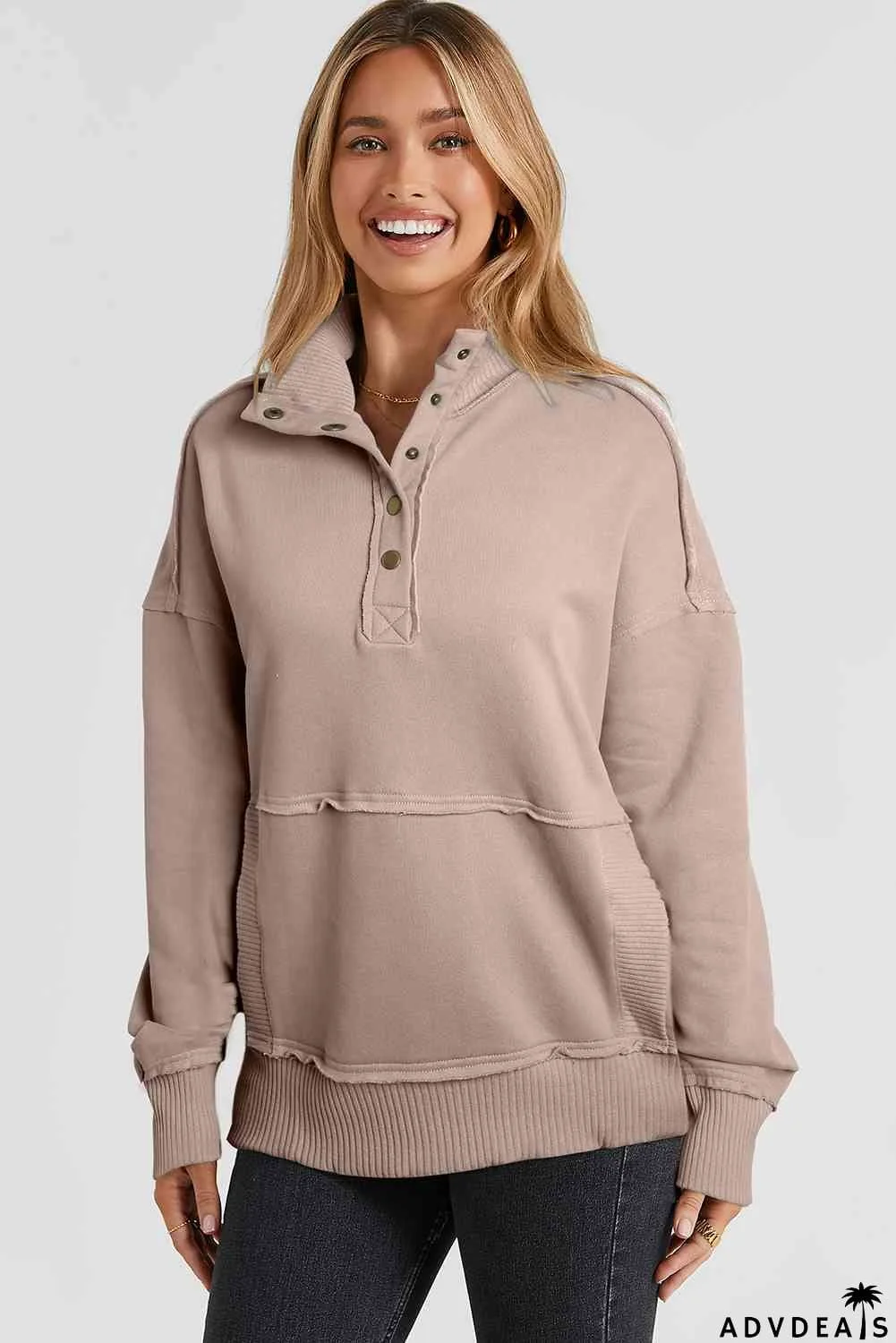 Half Snap Drop Shoulder Long Sleeve Sweatshirt