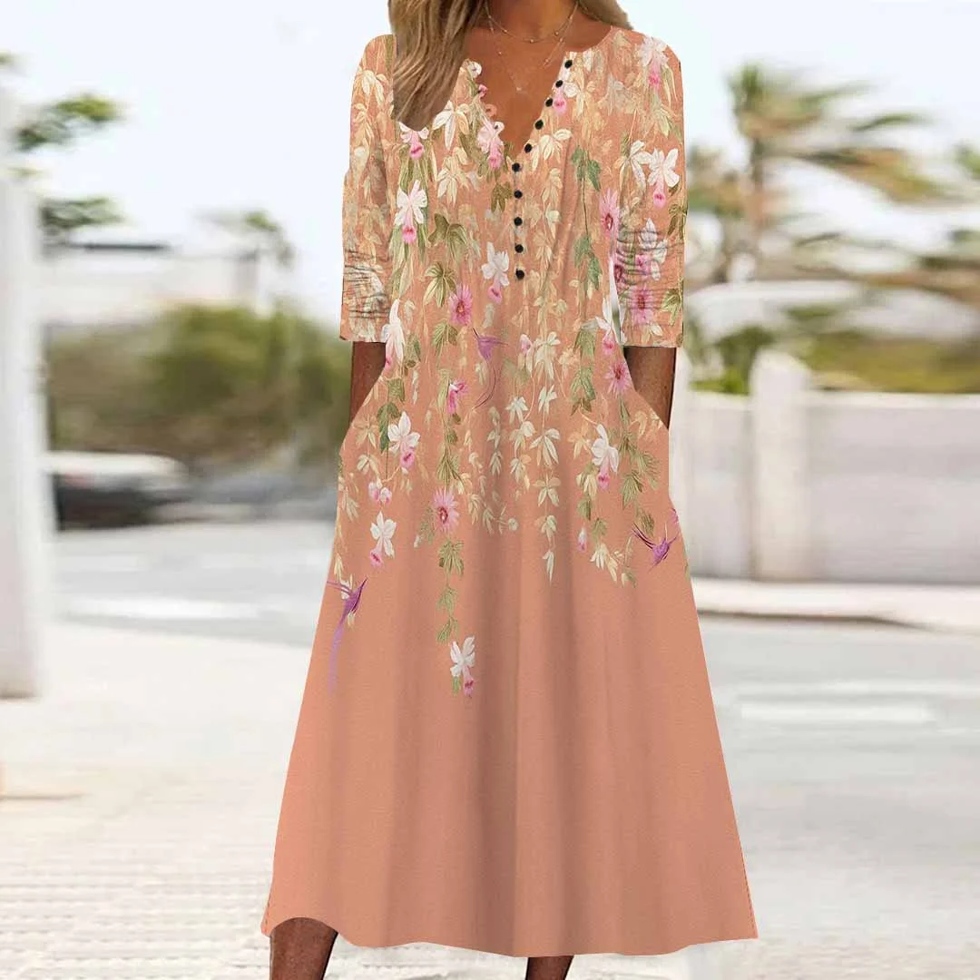 Women Floral,Orange DZHB8323 Long Sleeve V-Neck Graphic Printed Midi Dress