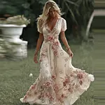 Women's Vintage Pink Rose Embroidered Art Pattern V-neck Short Sleeve Midi Dress - Image 3