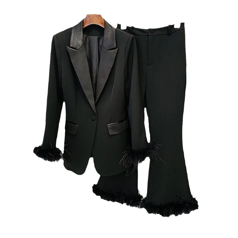 Nigikala Nigikala New Fashion Temperament Real Feather Ostrich Hairy Blazer Nine-Point Trouser Suit Two Sets