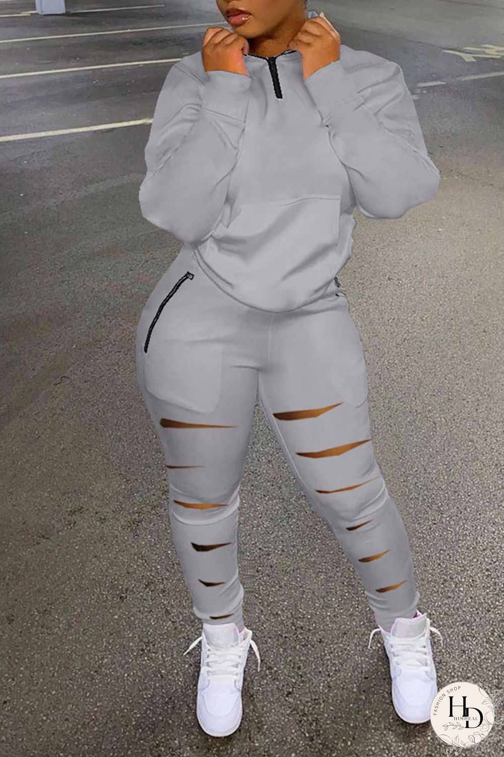 Black Casual Sportswear Solid Hollowed Out Patchwork Zipper Collar Long Sleeve Two Pieces