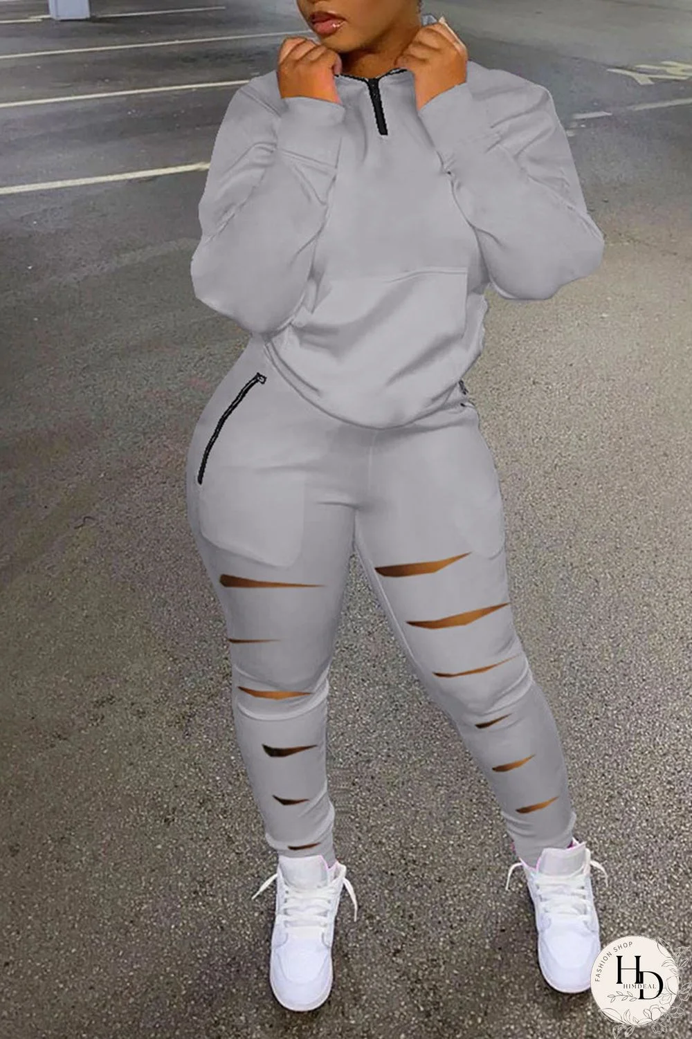 Black Casual Sportswear Solid Hollowed Out Patchwork Zipper Collar Long Sleeve Two Pieces