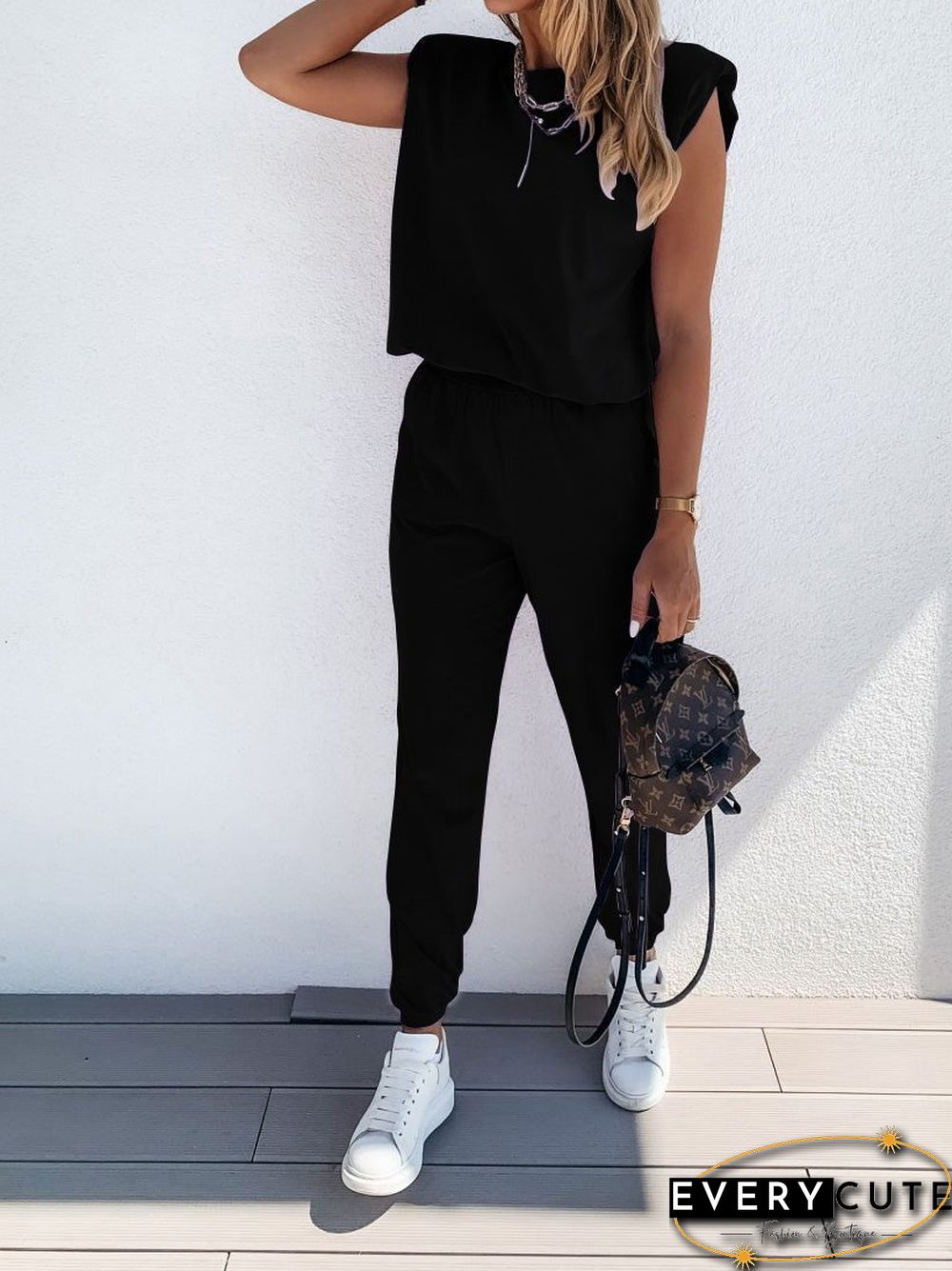 Women'S Sets Solid Sleeveless Padded Tank Top & Pants Two Piece Set