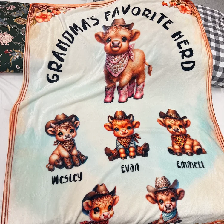 Gift For Family Mom's Favorite Herd Personalized Highland Cow Pattern Blanket