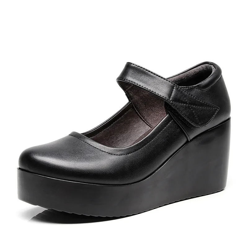 Breakj Breakj Waterproof Table Women's Single Shoes Heel Thick Soles Anti-Slip In The Elderly Leather Shoes Mother Shoes Spring And Autumn Slope And Soft-Soled Women's Shoes