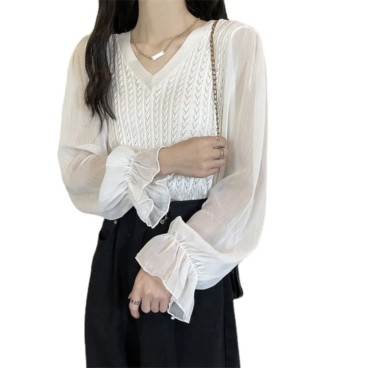 Uveng Uveng Temperament Spliced Chiffon Sleeve Long-Sleeved Top Women's Spring And Autumn New Design Sense Slimming Knitwear