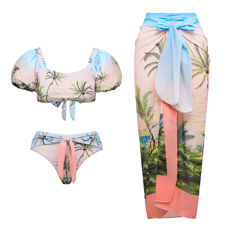 Flaxmaker Puff Sleeve Printed Bikini Swimsuit and Sarong