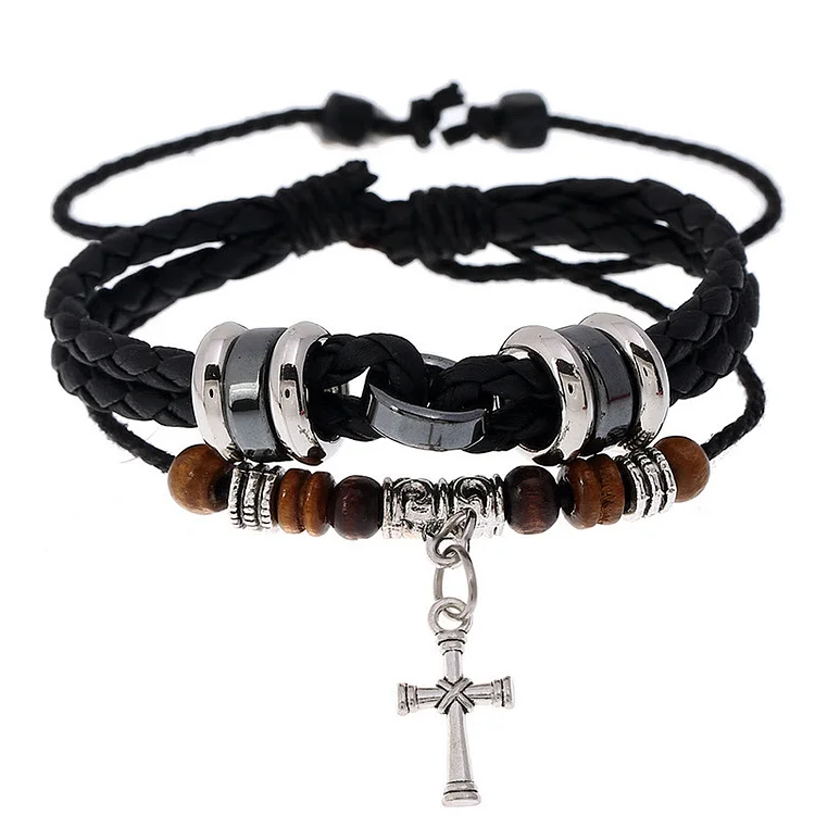 Olivenorma Adjustable Multi Layered Braided Woven Leather Cross Bracelet