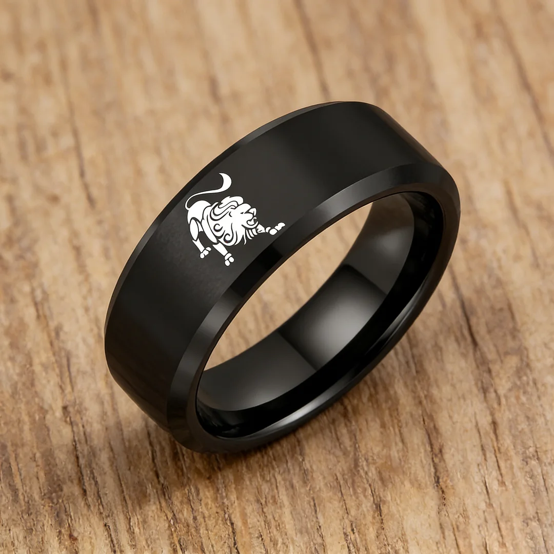 Black Leo Tungsten Carbide Rings Beveled Edges Black Laser Etched Couple Wedding Bands 4MM 6MM 8MM