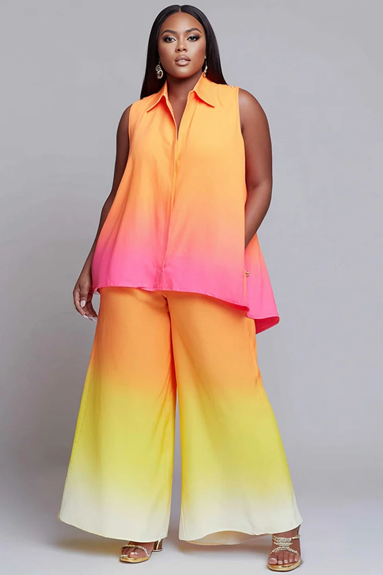Xpluswear Design Plus Size Vacation Multicolor Gradient Shirt Collar Pocket Wide Leg Two Piece Pant Sets [Pre-Order] 2024 - Xpluswear