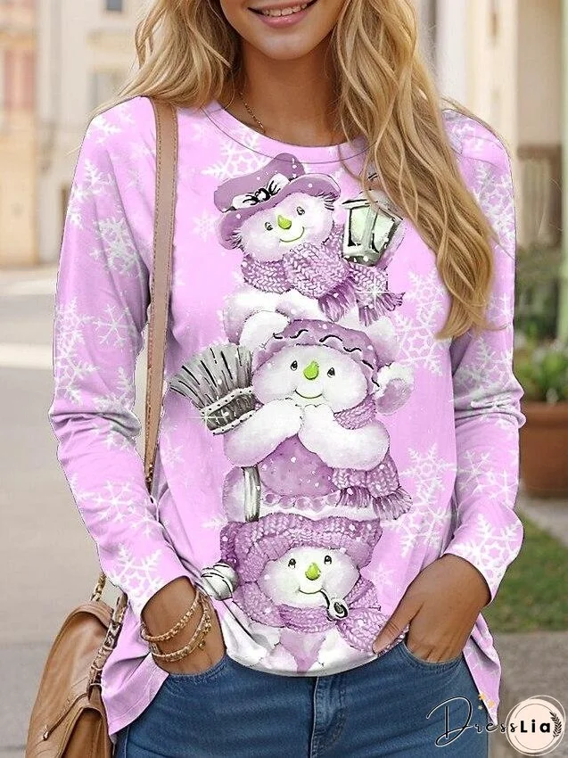 Women's Pink Vintage Snowman Print Round Neck Long Sleeve Top