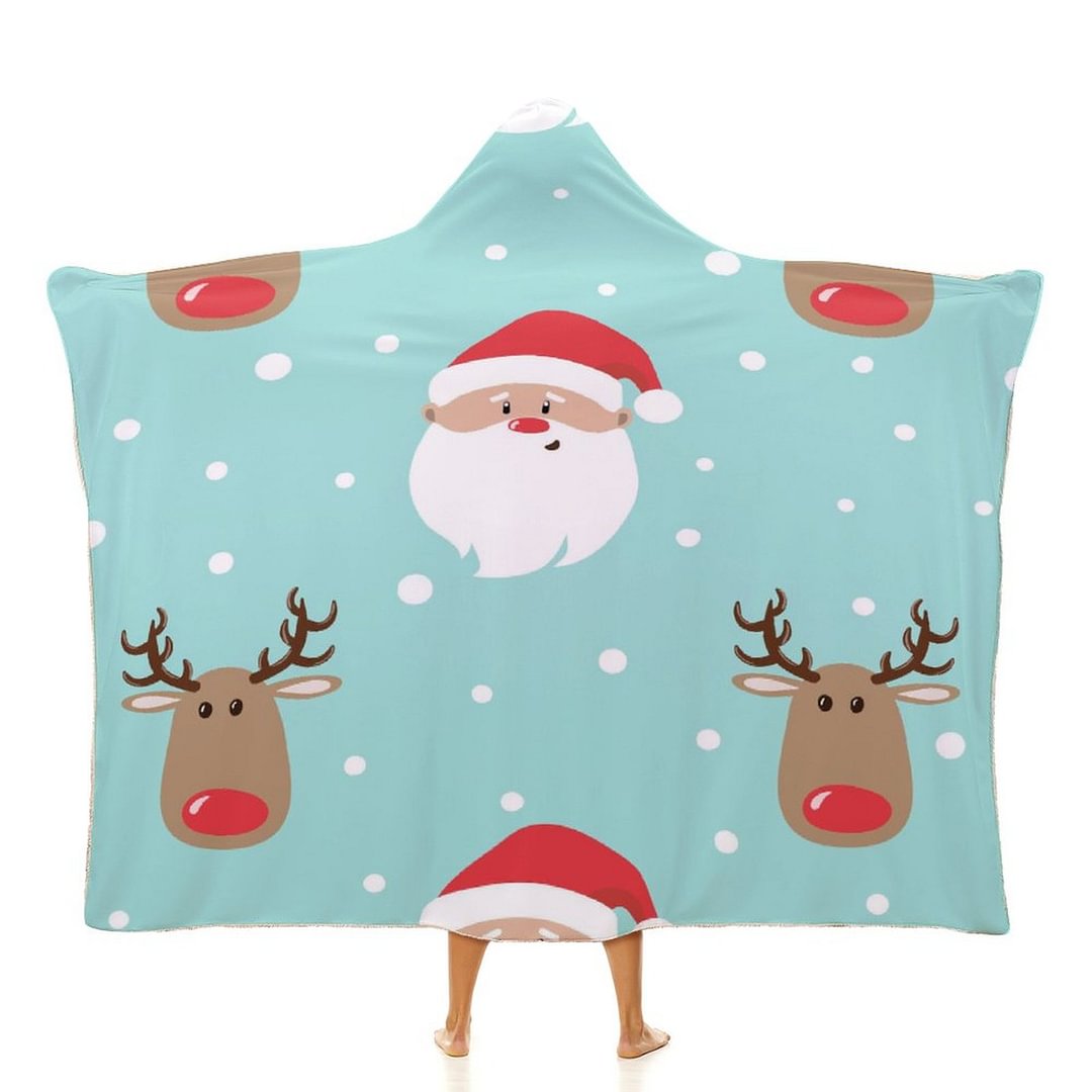 Custom Santa and Reindeer Blue Hooded Blanket