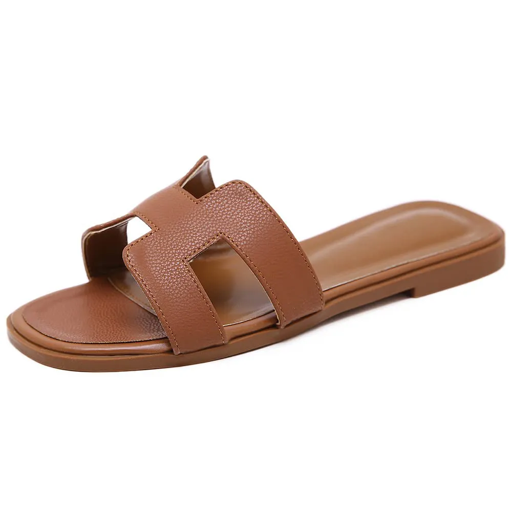 Women's Square Open Toe Summer Casual Flat Litchi Slippers-vocosishoes