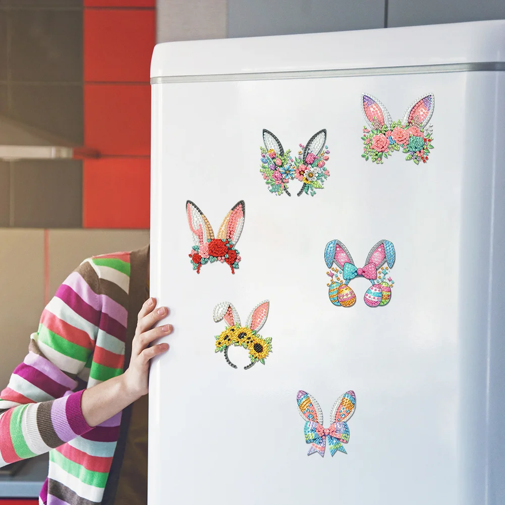6Pcs Easter Rabbit Ears Diamond Painting Fridge Magnet for Adults Beginners