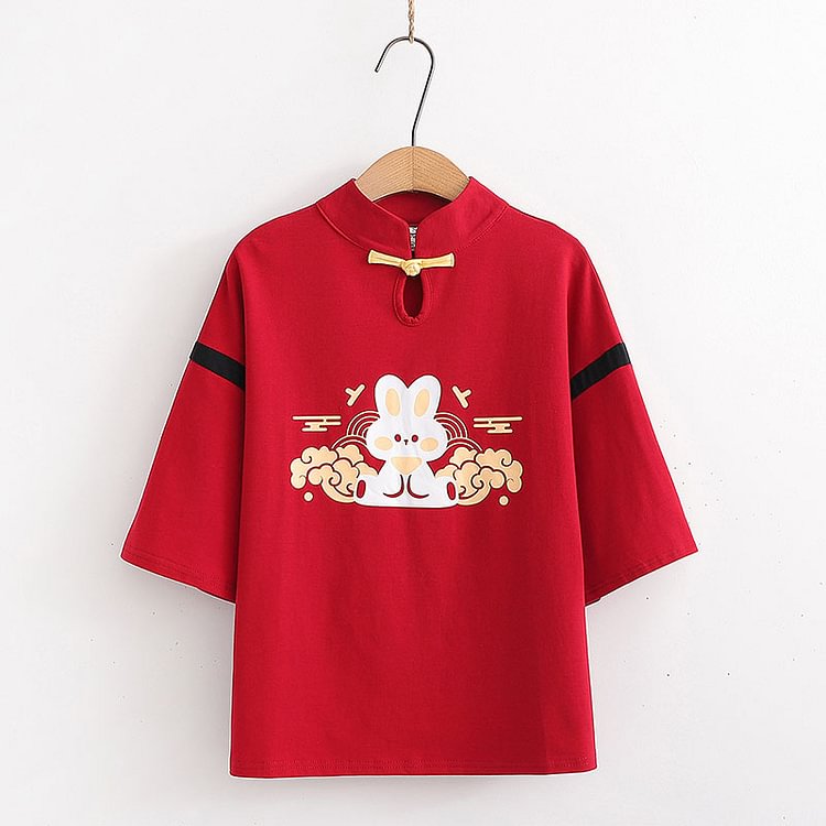 Vintage Cartoon Bunny Print Buckle T-Shirt Tassel Pleated Skirt Set - Modakawa modakawa