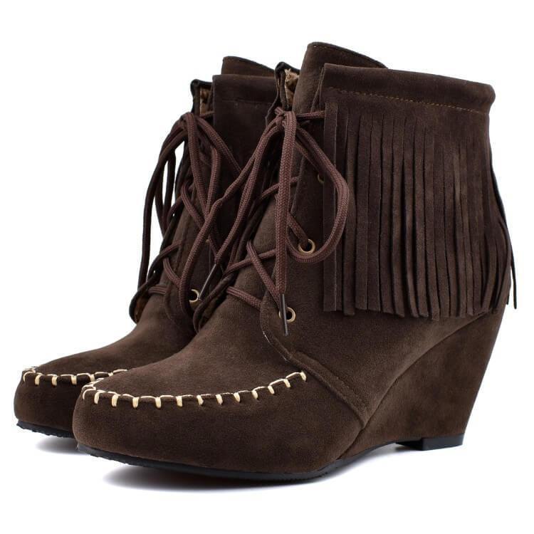 VCSHOES Wedge Lace Up Fringe Suede Ankle Boots