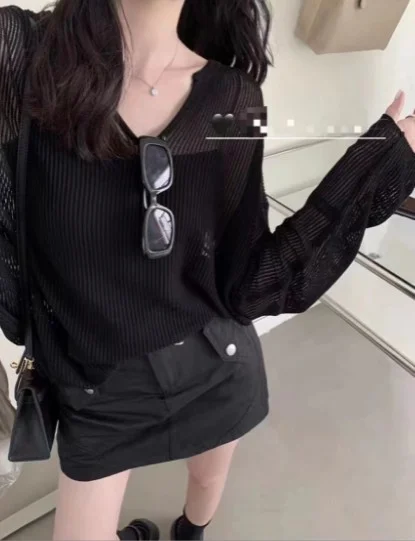 Toloer Toloer New Korean Loose Lazy Wind Long Sleeve Large Version V-Neck Ice Silk Jacket Women's Spring And Summer Thin Hollow Out Sweater-Outfit Ideas