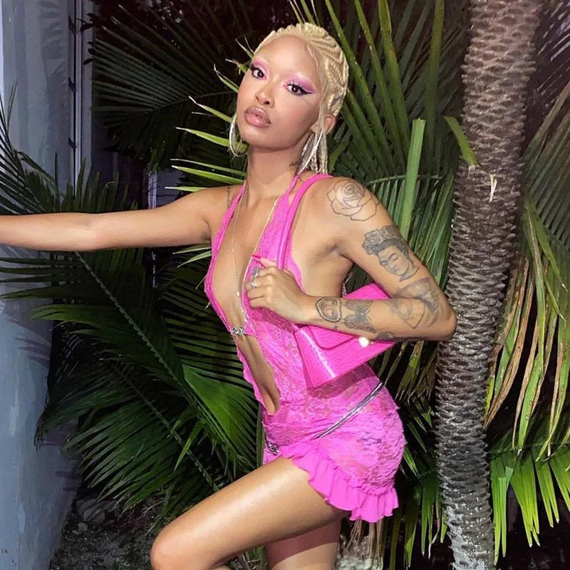 BIIKPIIK Halter Lace-Up See Through Women Sexy Mini Dresses Hollow Out Solid Elegant Dress Vintage Backless Summer Clothing