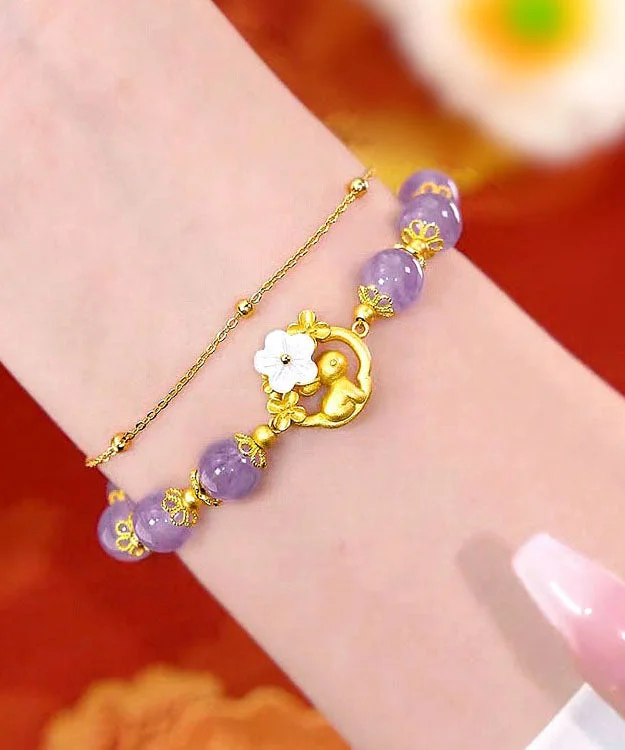 Vogue Purple Sterling Silver Overgild Inlaid Crystal Floral Rabbit Chain Bracelet