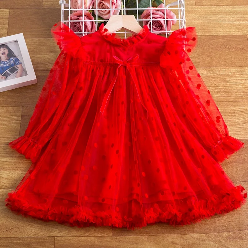 Red White Girls Dresses Long Sleeve Baby Girls Winter Dresses Kids Cotton Lace Clothing Casual Dresses for 2-8 Years Children