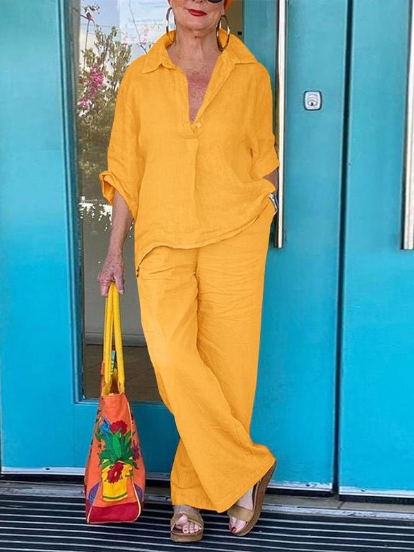 Women's Loose Casual V-Neck Solid Color Linen Suit